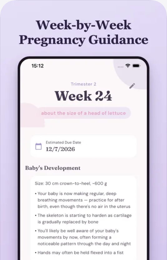 Bloom week-by-week pregnancy guidance showing trimester, due date and baby development