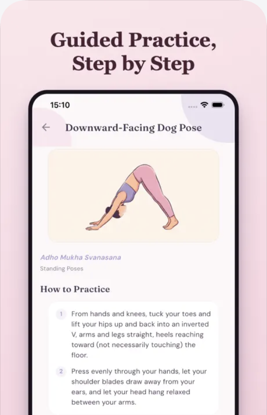 Bloom guided yoga practice screen showing a step-by-step pose for period relief