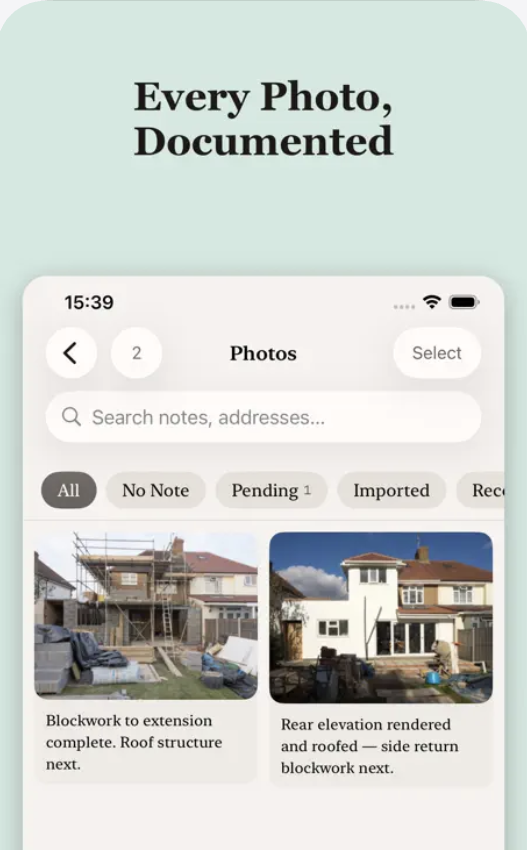 BuildAudit photo library with notes, search, and filters