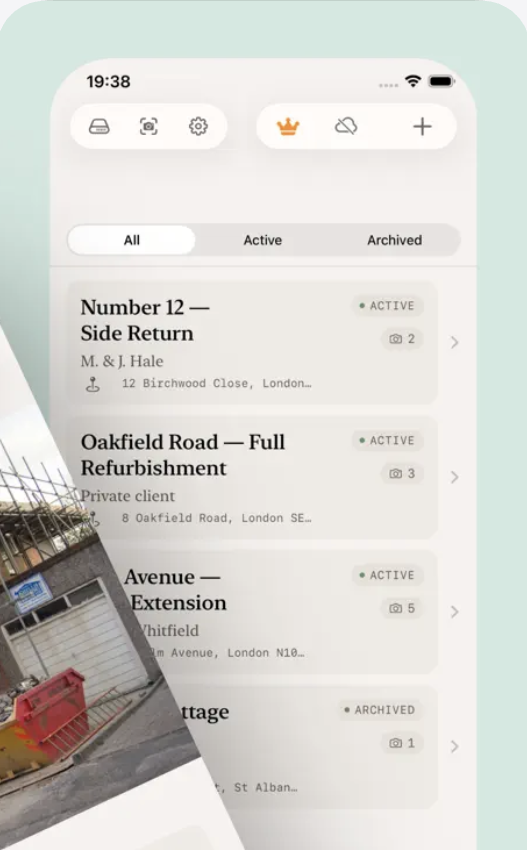 BuildAudit project list organized by client and address, panel two