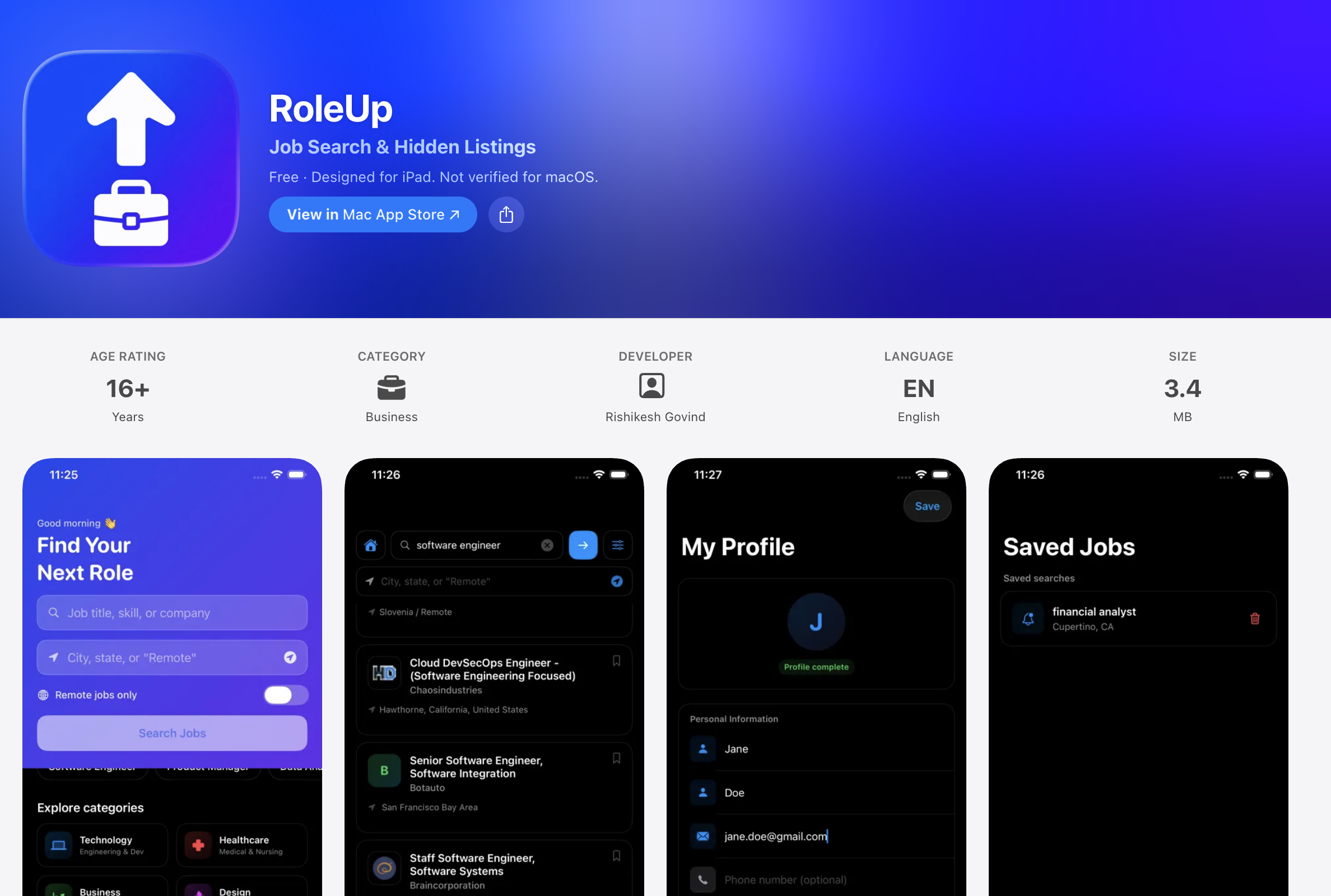 RoleUp ATS Job Discovery Mobile Application Interface
